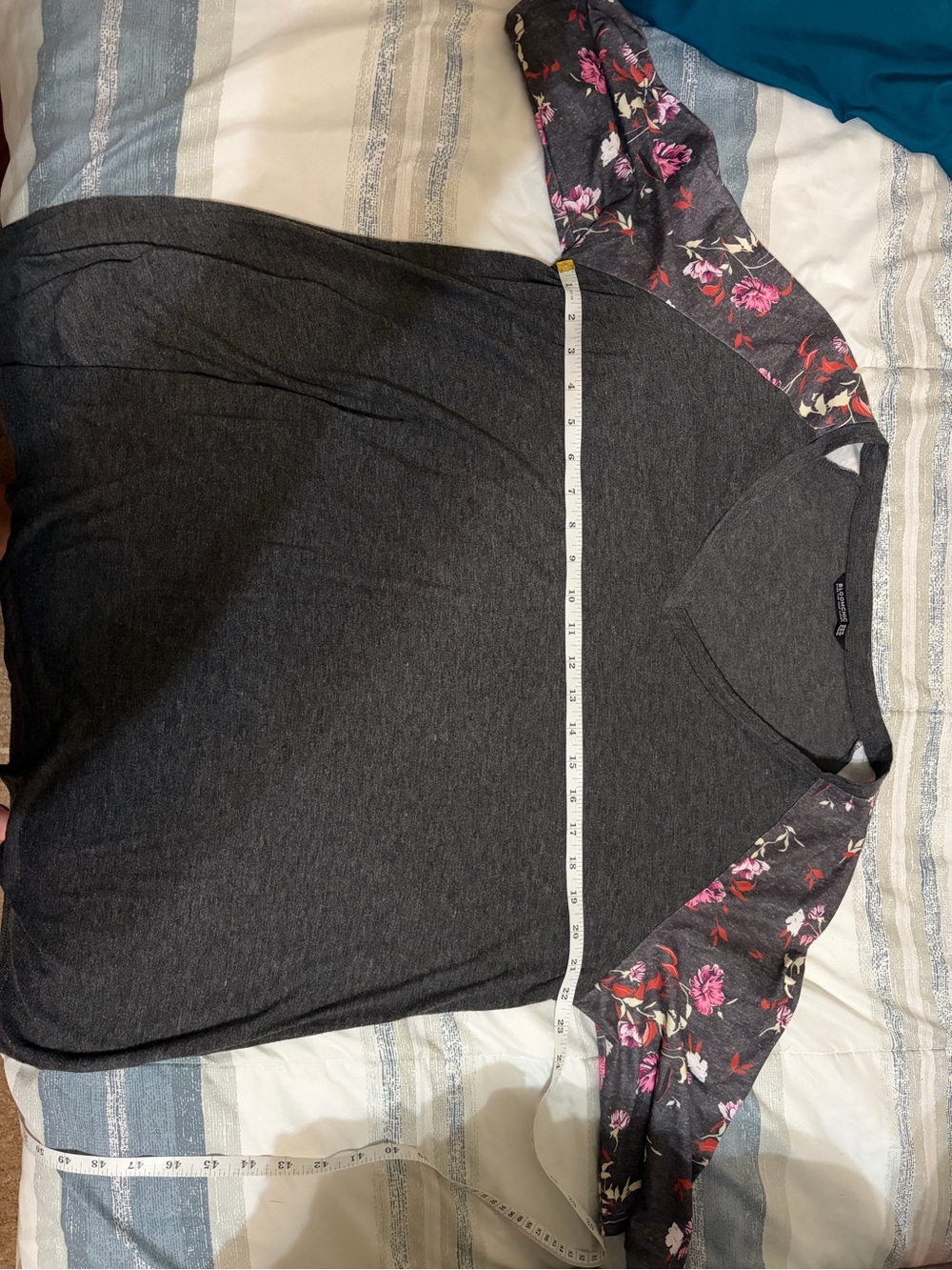 BloomChic Charcoal Gray Raglan Top with Floral Sleeves